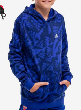 Adidas/阿迪达斯正品儿童蓝色连帽保暖宽松经典套头卫衣IS2555