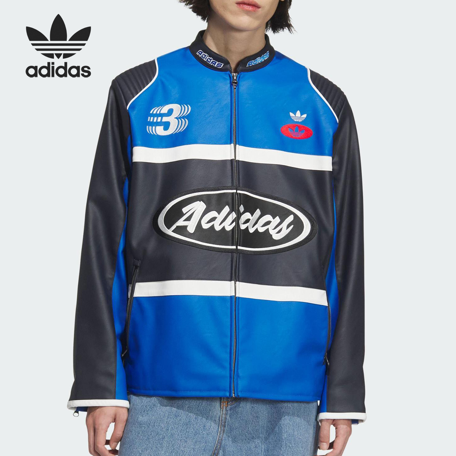 阿迪达斯男士摩托拼接拼接棒球服