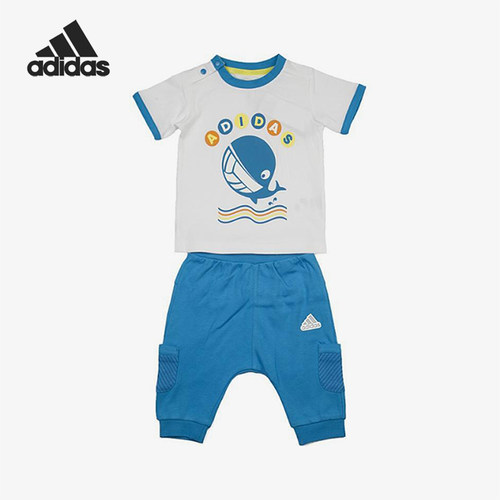 Adidas/阿迪达斯正品新款婴童白蓝色柔软亲肤短袖套装AP6382