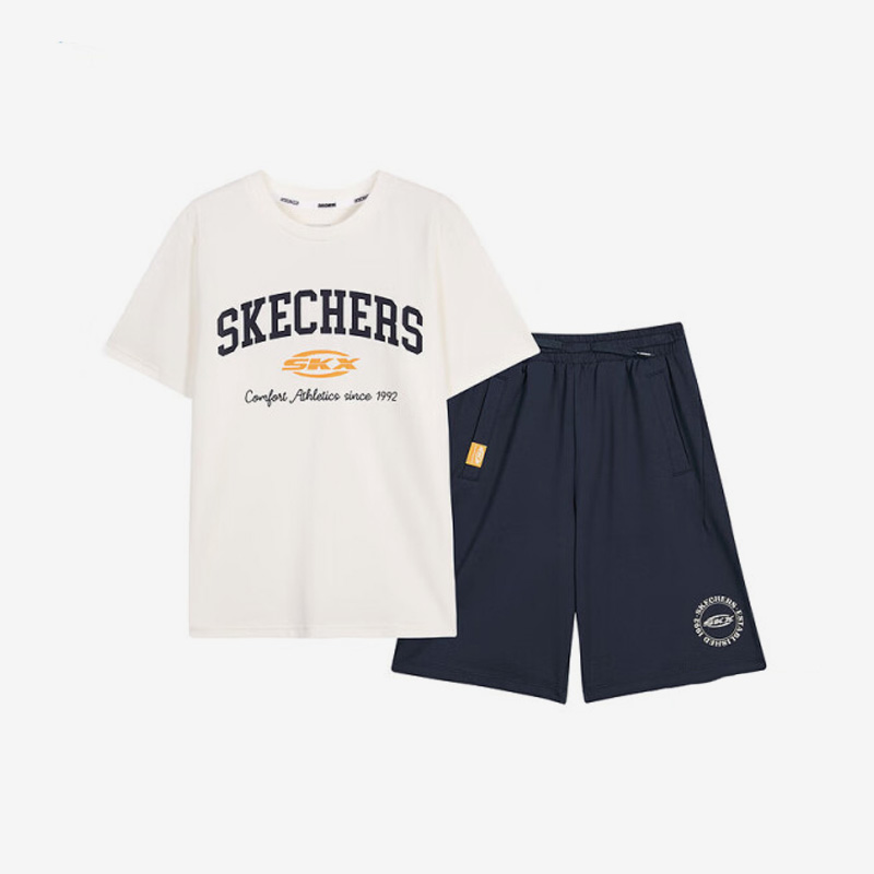 Skechers/斯凯奇正品夏季新款大童休闲透气短袖短裤运动套装