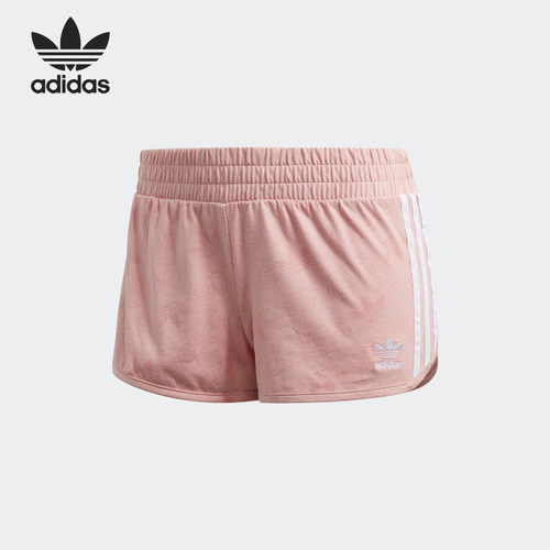 Adidas/阿迪达斯正品三叶草印花短裤新款女粉白色短裤FH7601