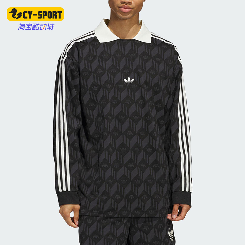 Adidas/阿迪达斯正品三叶草男女同款印花复古翻领长袖T恤JD5196