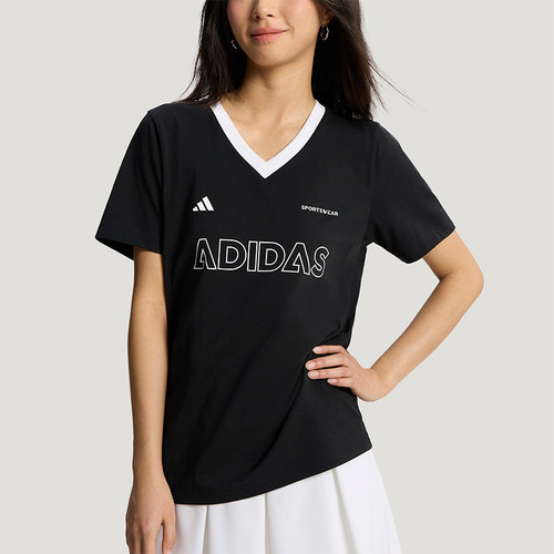 Adidas/阿迪达斯正品夏季女士亲肤日常休闲印花V领短袖T恤KX6800