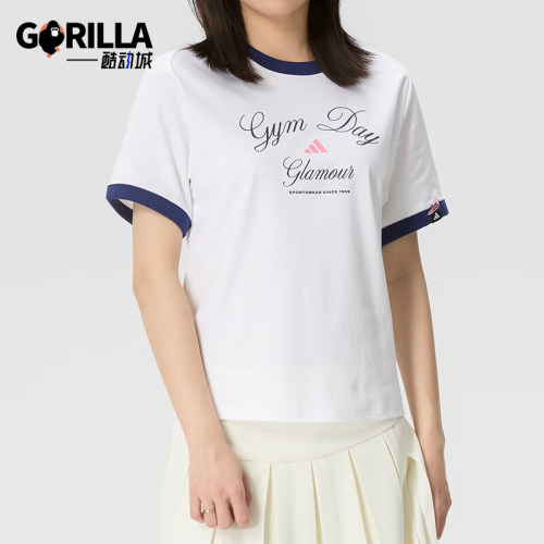 Adidas/阿迪达斯正品VERBIAGE新款女白蓝色撞色经典短袖T恤KB7196