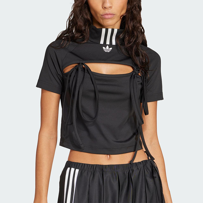 Adidas/阿迪达斯正品三叶草女士透气修身缎带镂空短款短袖JX2537