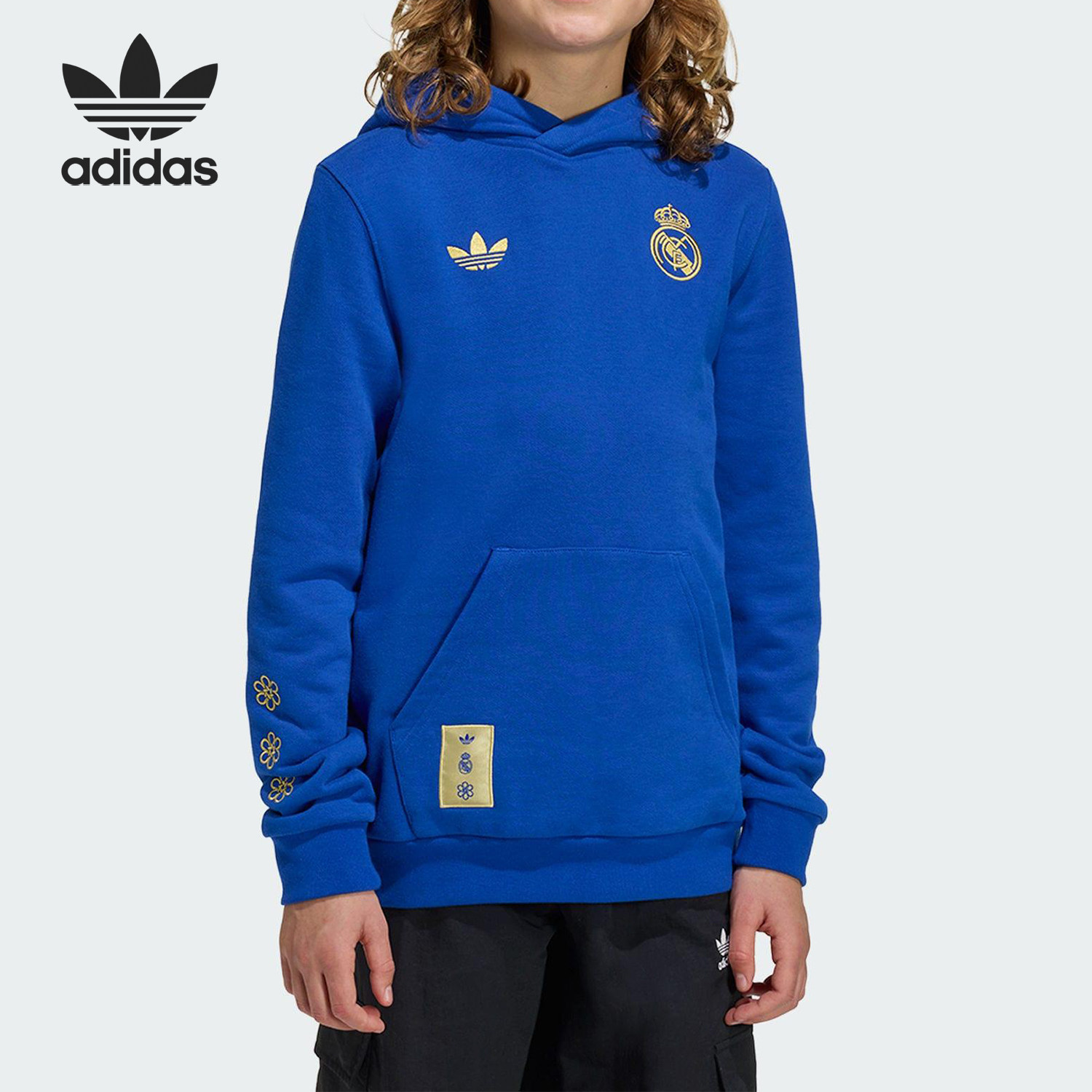 Adidas/阿迪达斯官方正品三叶草大童连帽套头足球运动卫衣JZ2240