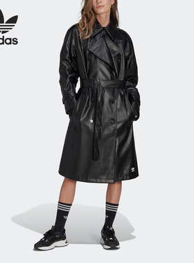 Adidas/阿迪达斯正品三叶草女子长款翻领皮衣防风夹克II6083
