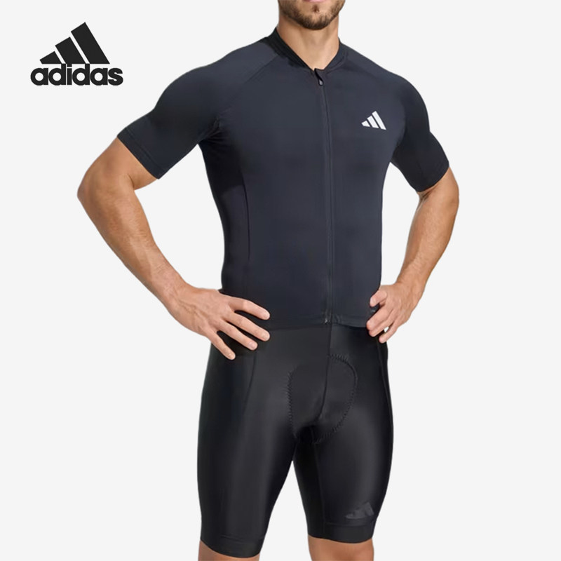 Adidas/阿迪达斯正品短袖拉链口袋男黑色经典休闲骑行服JZ6761