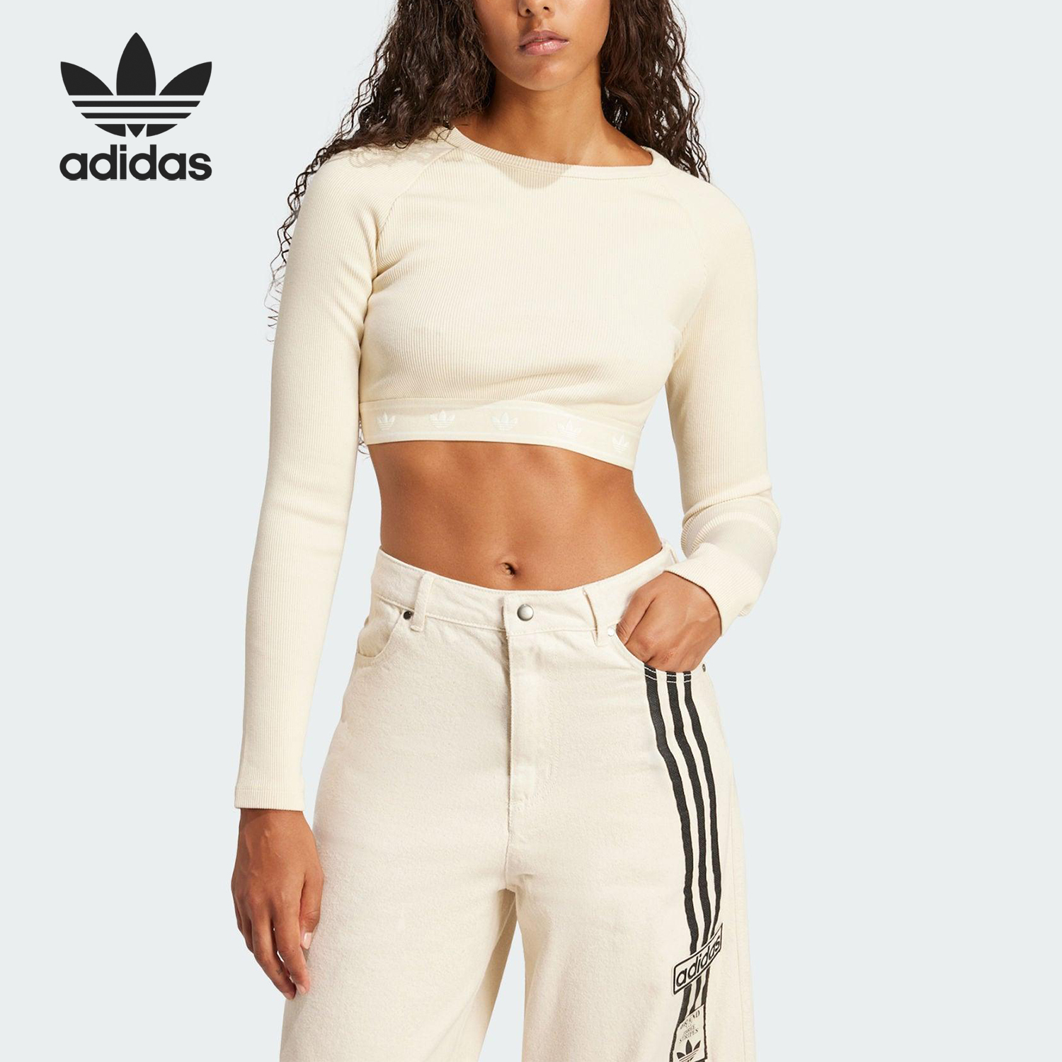 Adidas/阿迪达斯正品三叶草女士休闲短款露脐修身长袖JD0013