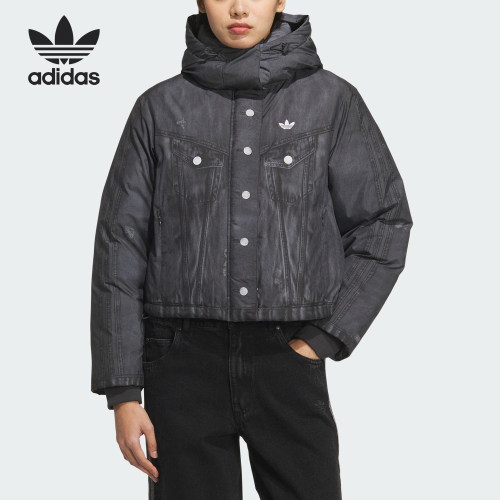 Adidas/阿迪达斯正品三叶草女士连帽经典牛仔印花羽绒服KC2634