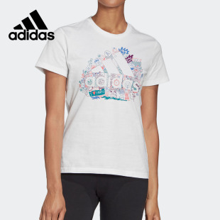 女子休闲运动型格短袖 Adidas 新款 2020夏季 T恤FJ5024 阿迪达斯正品