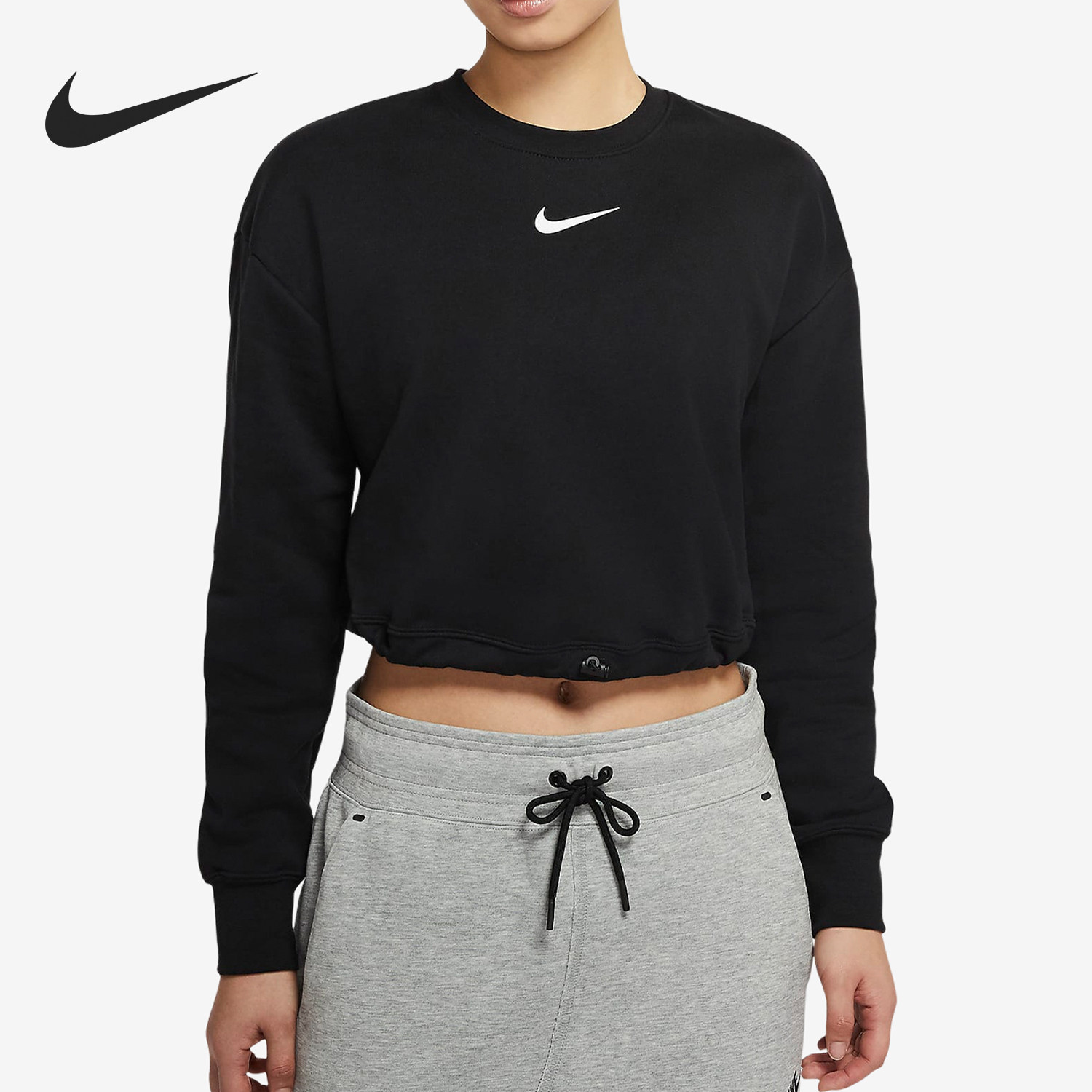 Nike/耐克官方正品女士纯色Logo抽绳束腰短款长袖卫衣CJ3767-010