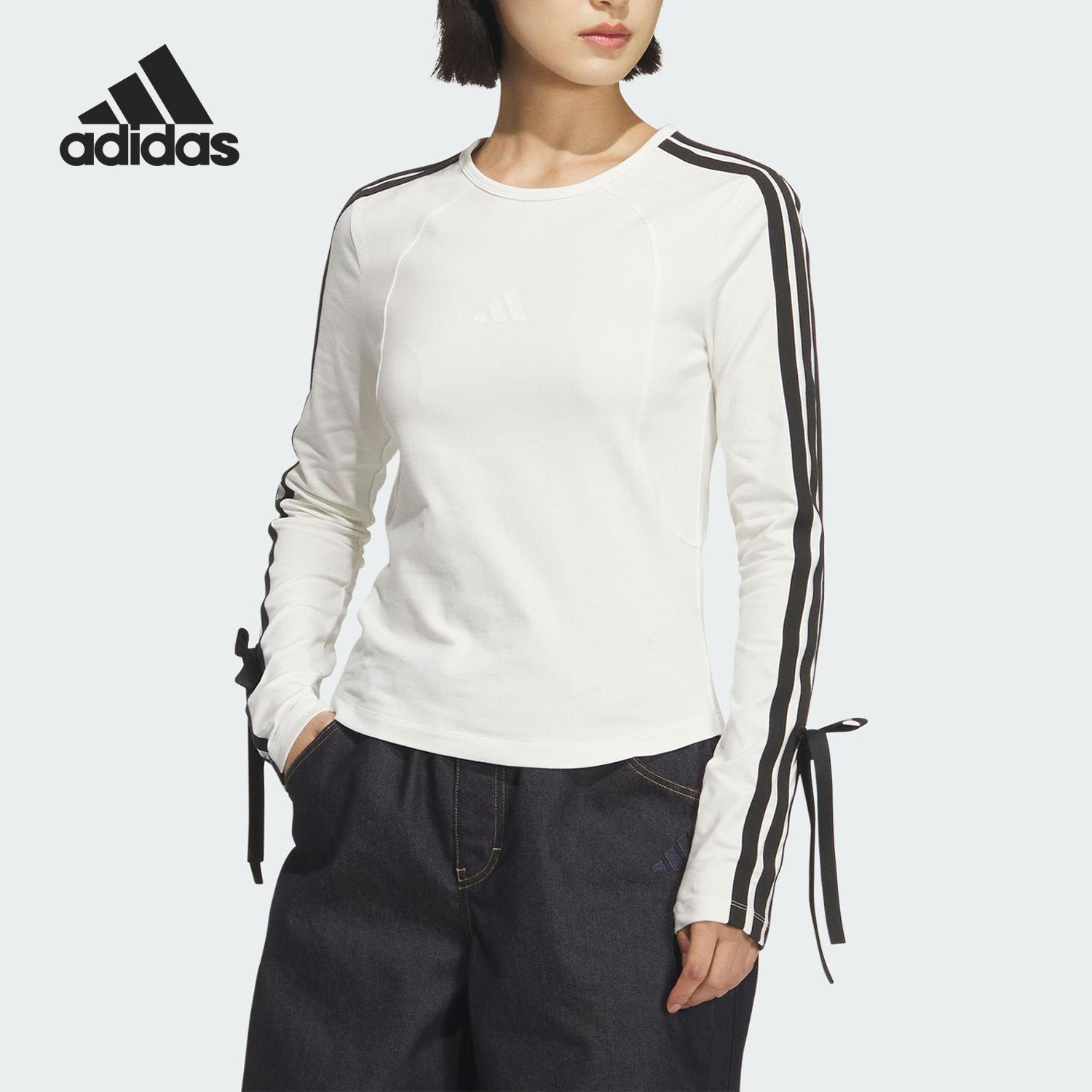 Adidas/阿迪达斯正品2025女士运动针织修身蝴蝶结长袖T恤KG3861