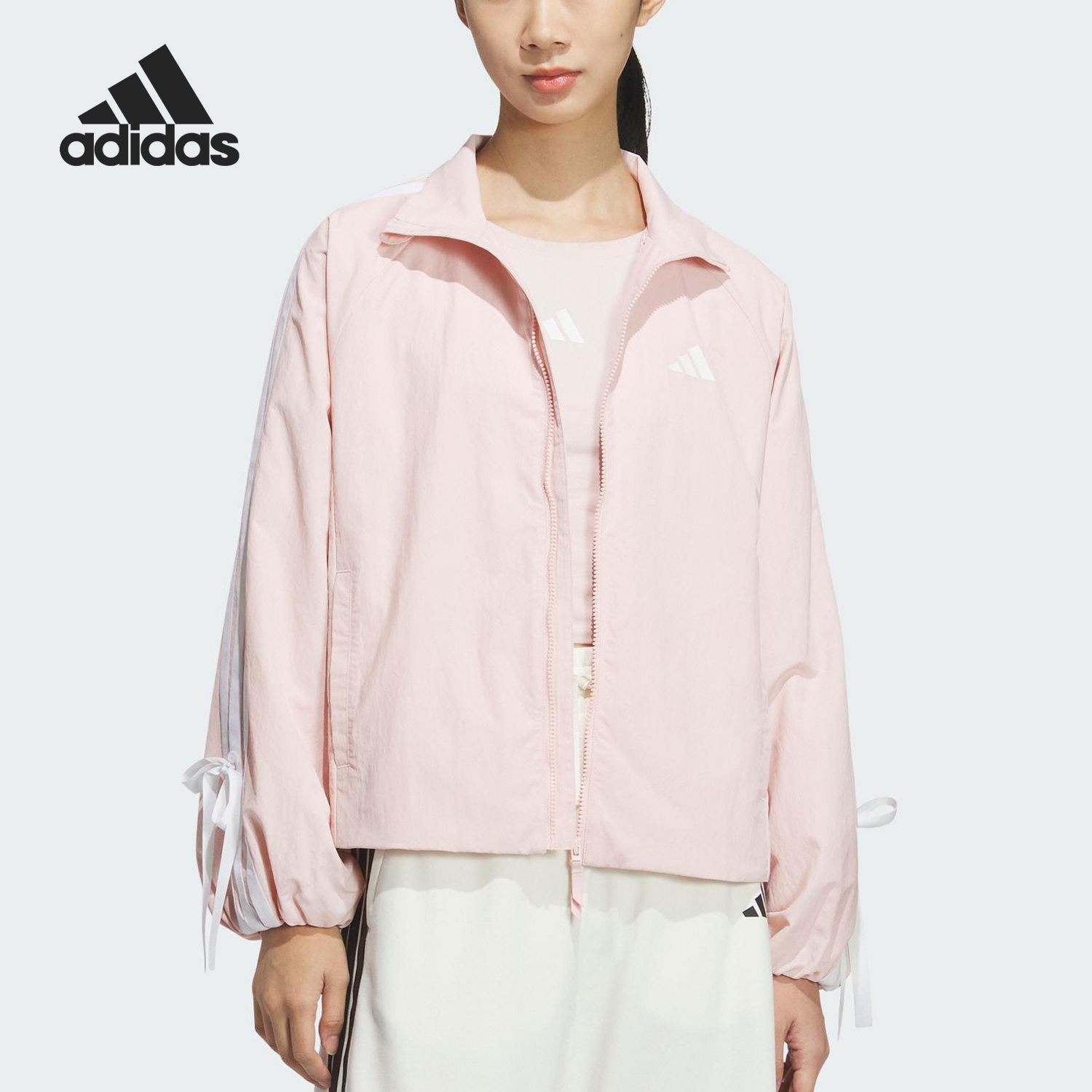 阿迪达斯女士梭织蝴蝶结立领外套