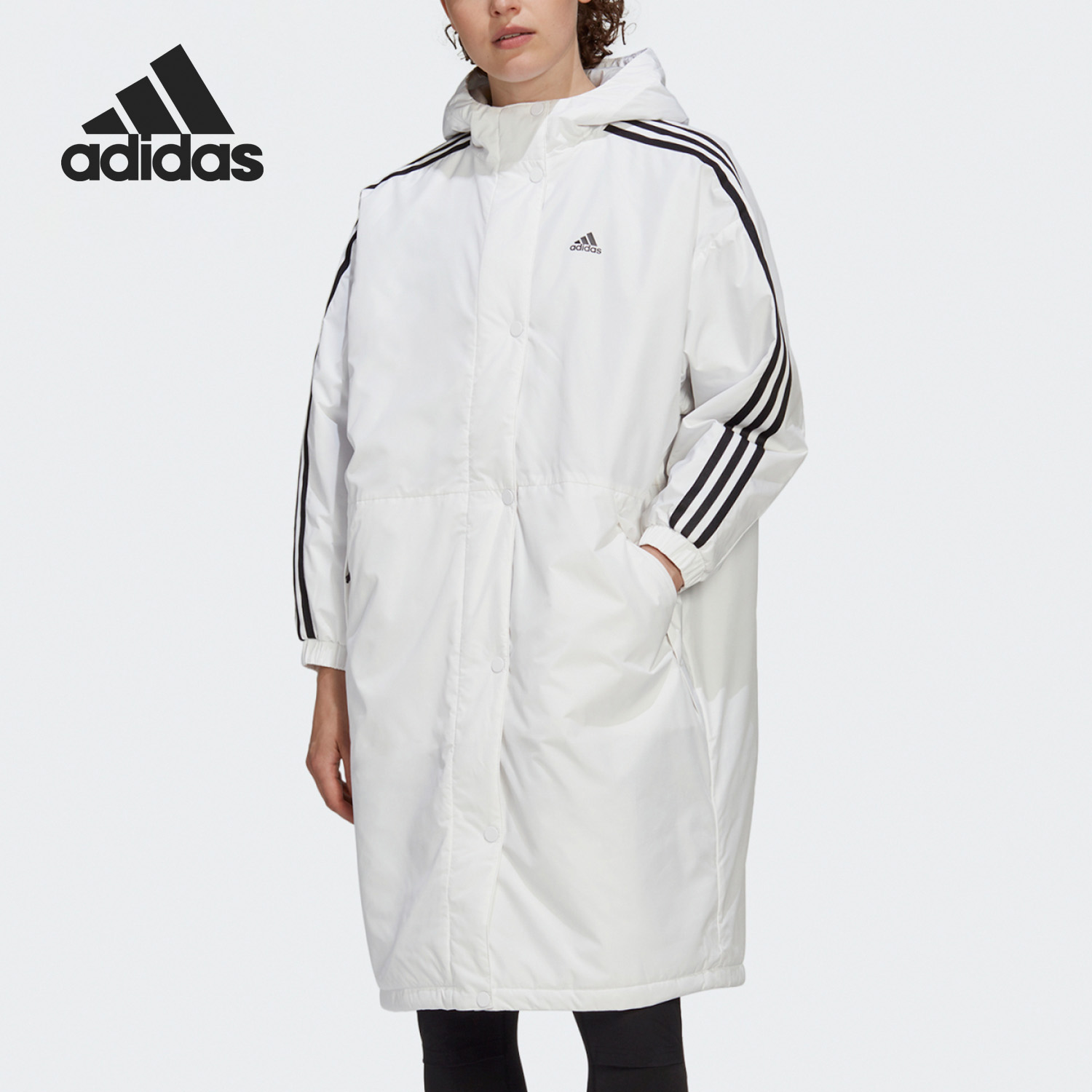 Adidas/阿迪达斯官方正品女子连帽长款户外运动隔层棉服 GF0026