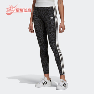 三叶草女士复古豹纹印花运动紧身长裤 HB4769 阿迪达斯正品 Adidas