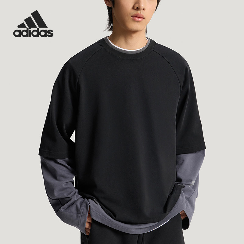 Adidas/阿迪达斯官方正品2026春季款男士圆领拼接长袖上衣KU5302