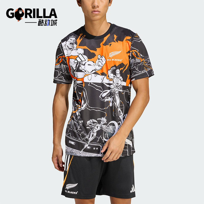 Adidas/阿迪达斯正品新款男黑橙色橄榄球跑步经典短袖T恤JV7531