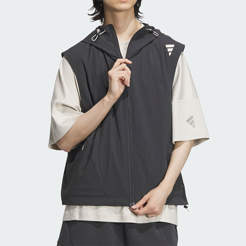 阿迪达斯男士梭织运动连帽马甲