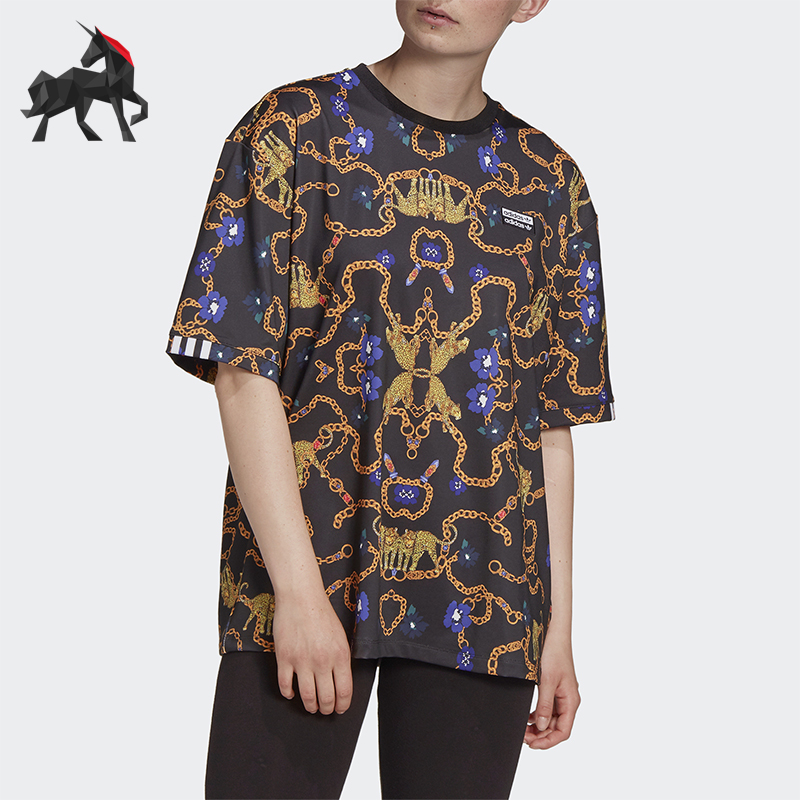 Adidas/阿迪达斯正品三叶草女士透气套头满印印花短袖T恤GD4268