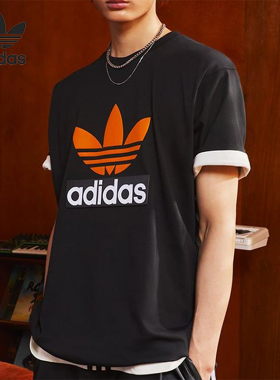 Adidas/阿迪达斯正品三叶草新款男黑橙色经典街头短袖T恤JF0660