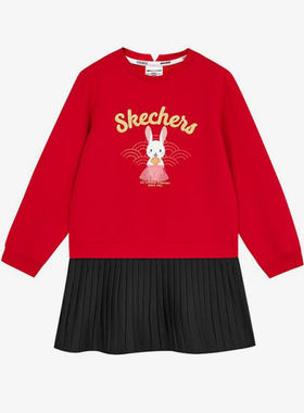 Skechers/斯凯奇正品新款女童新年印花休闲针织连衣裙