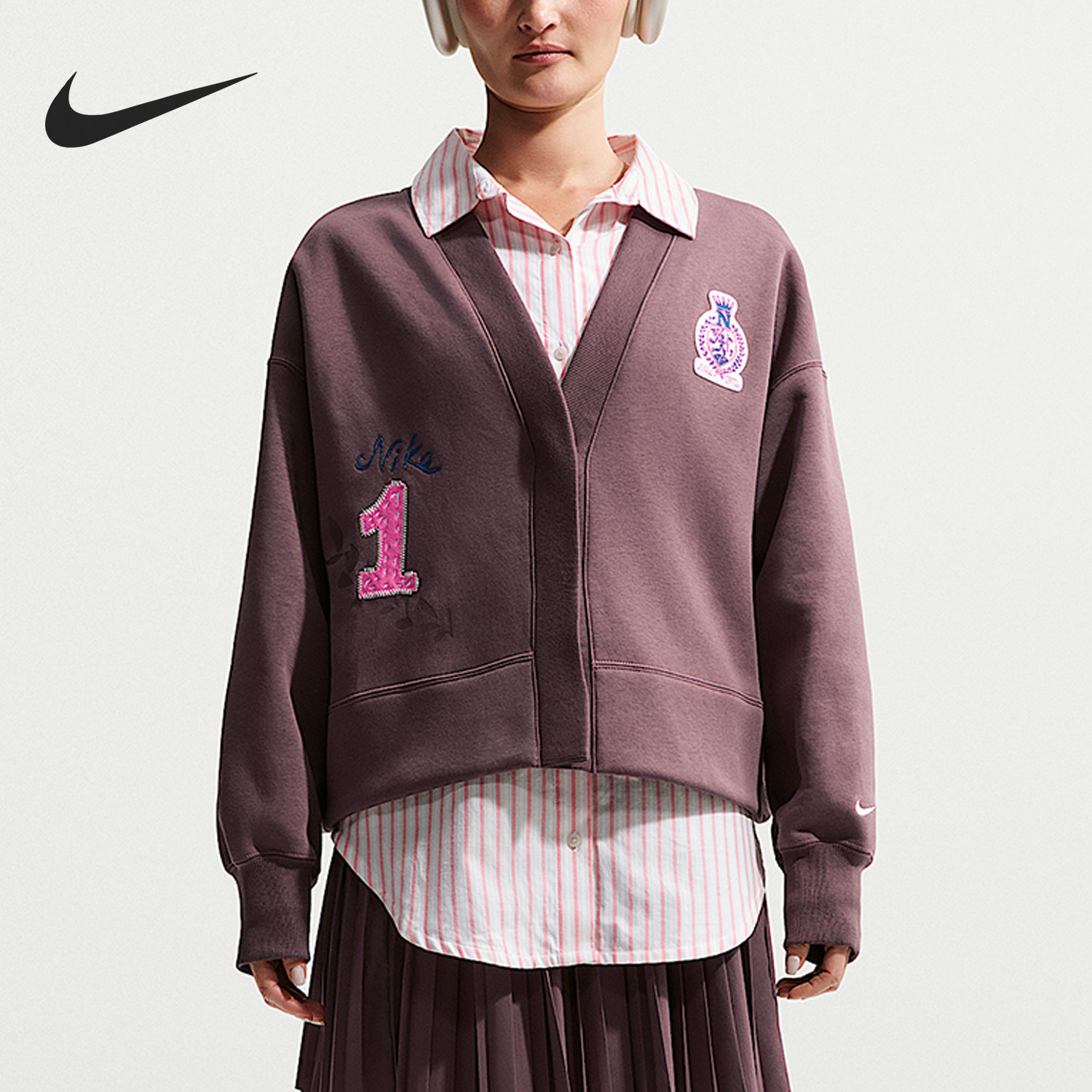 Nike/耐克官方正品舒适春季款女士V领针织宽松开衫外套IQ3944-515