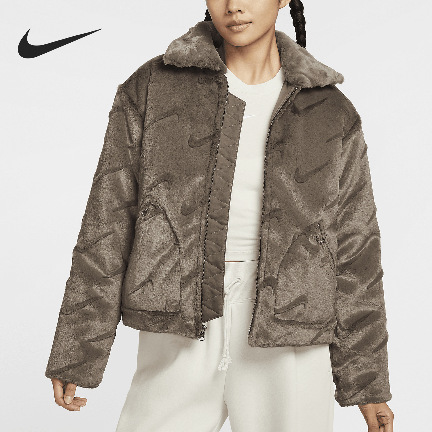 Nike/耐克官方正品秋季新款女士宽松人造毛皮翻领外套FV8020-004