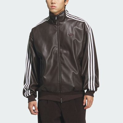 Adidas/阿迪达斯正品三叶草男女立领休闲条纹复古仿皮夹克KQ5473