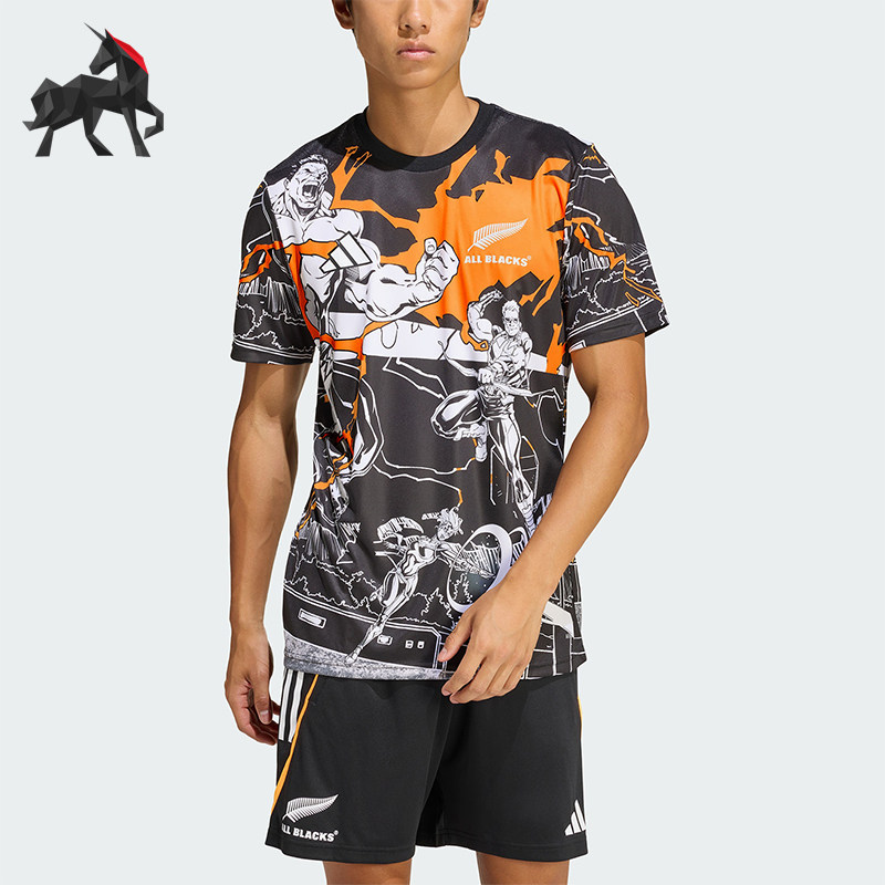 Adidas/阿迪达斯正品新款男黑橙色橄榄球跑步经典短袖T恤JV7531