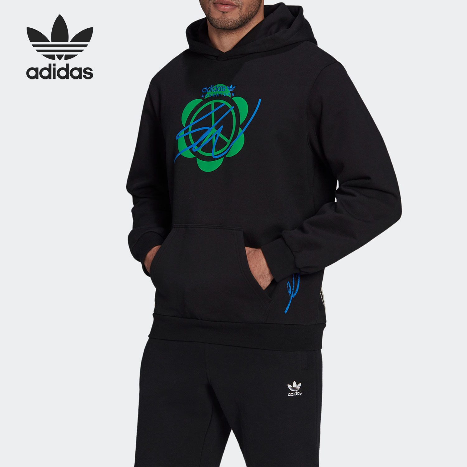 Adidas/阿迪达斯官方正品三叶草连帽花卉男子休闲运动卫衣 HI3304