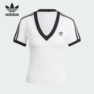 Adidas/阿迪达斯正品三叶草女士条纹V领透气短袖T恤IR8114
