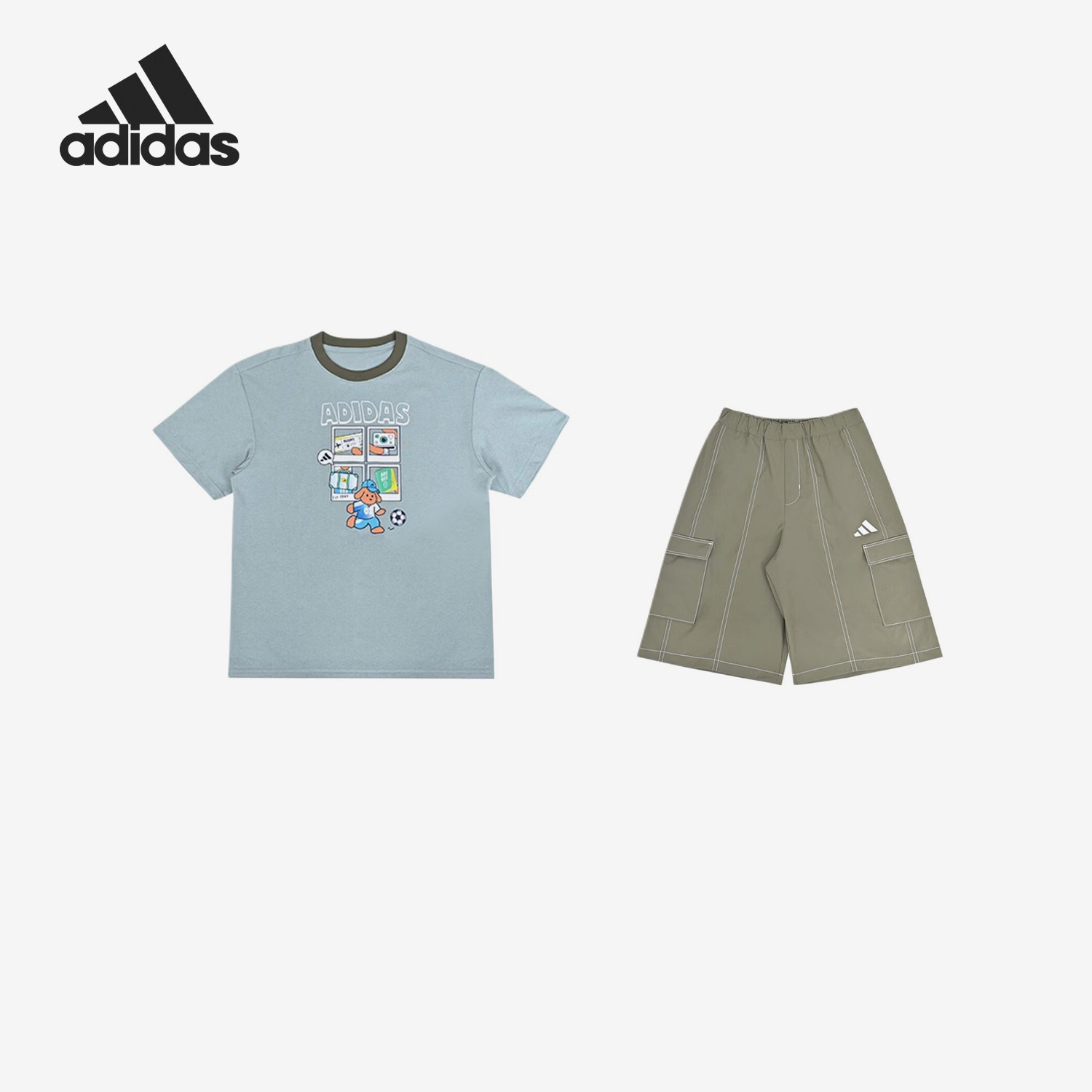 Adidas/阿迪达斯官方正品套装圆领松紧短裤儿童休闲短袖KH0243