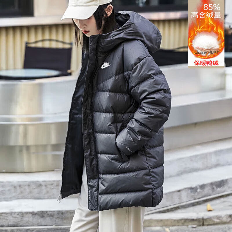 Nike耐克正品中长款羽绒服女子连帽外套冬季新款运动服厚款面包服