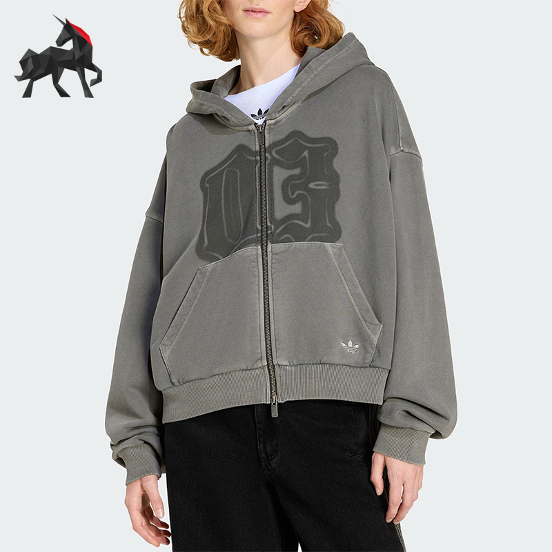 Adidas/阿迪达斯正品三叶草女士休闲宽松连帽针织拉链外套KE3302