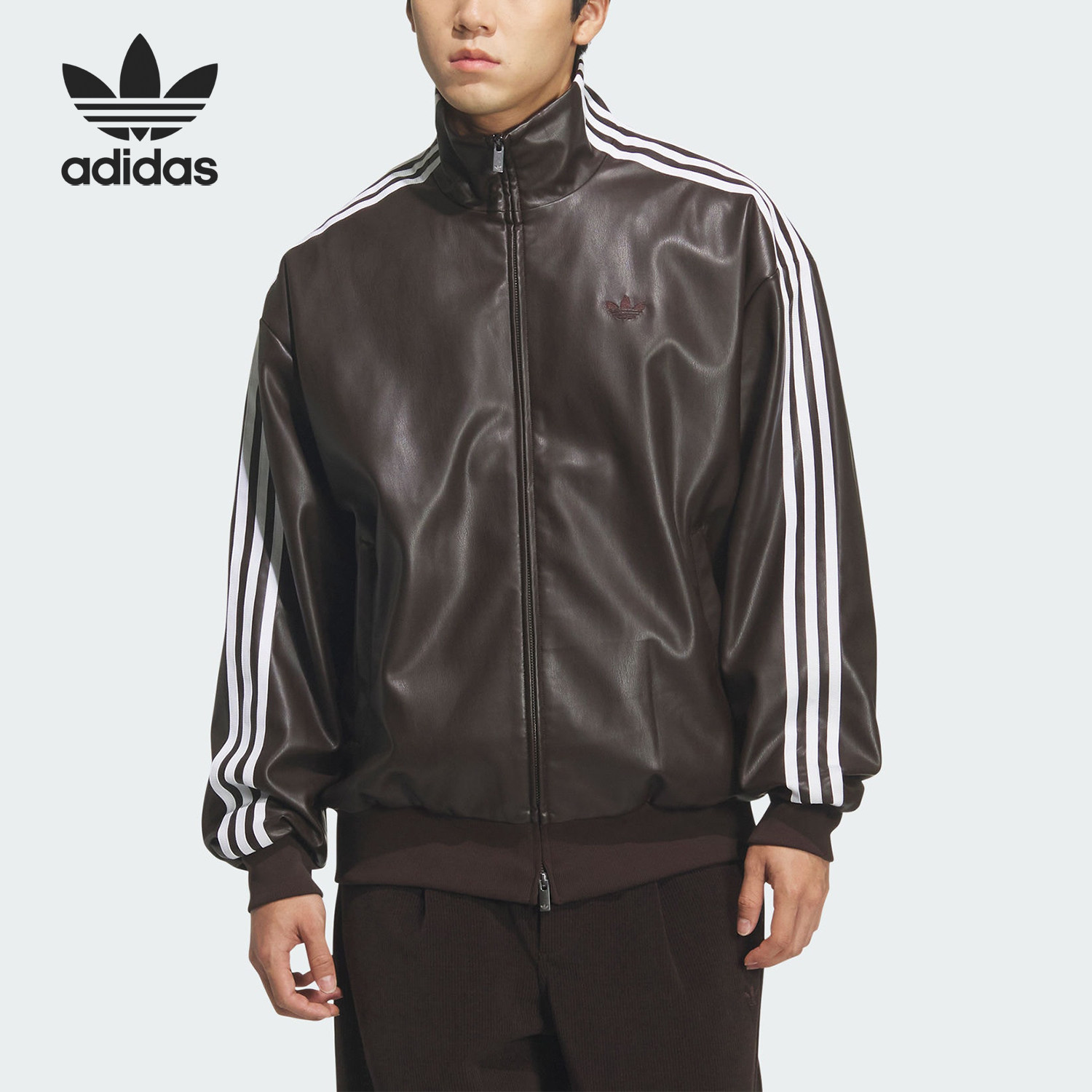 Adidas/阿迪达斯官方正品三叶草男女休闲条纹复古仿皮夹克KQ5473