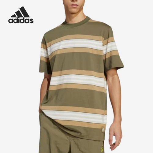 Adidas/阿迪达斯正品三叶草男橄榄白色经典条纹圆领短袖JD5414