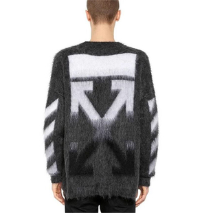 情侣加厚毛衣 男女同款 NICE OFF渐变箭头OW马海毛条纹黑白灰针织衫