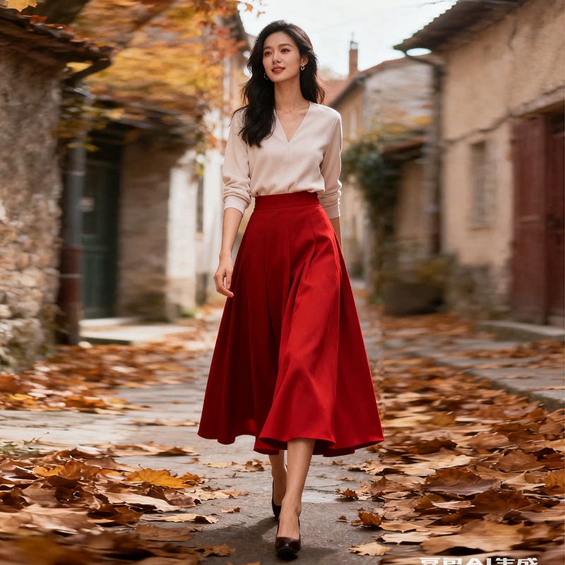 秋装新款气质半身裙法式超仙高腰垂感显瘦a字大摆中国红修身长裙