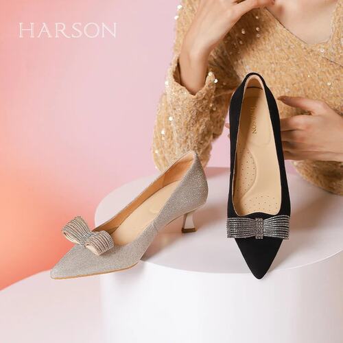 HARSON哈森24春季新品尖头矮细跟蝴蝶结女鞋HS247903