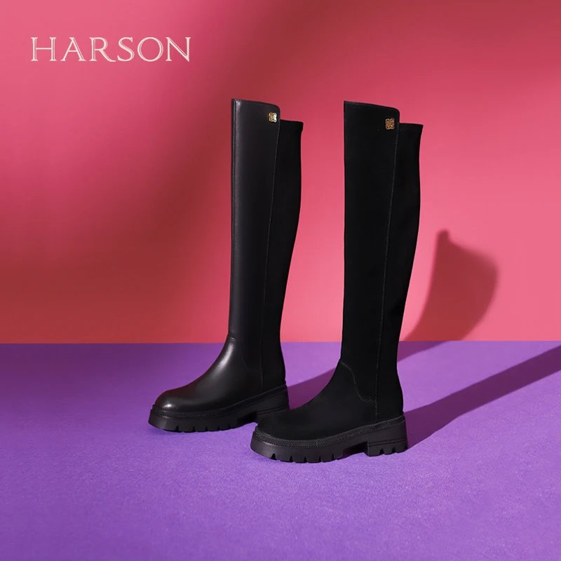 HARSON哈森23冬季新品拼接时装长靴弹力高筒皮靴HA235805