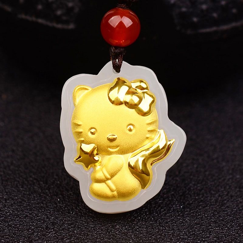 金镶玉KT猫吊坠天然和田玉小猫挂件足金玉石玉佩可爱宝宝项链