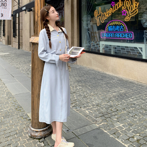蓝色小香风减龄连衣裙女2023春秋新款法式收腰显瘦梨型气质初恋裙图片