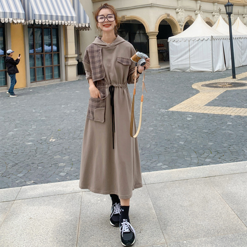 休闲拼接格子连衣裙女春秋2025年新款女装连帽卫衣气质收腰长裙冬,女装连衣裙,浙宝267