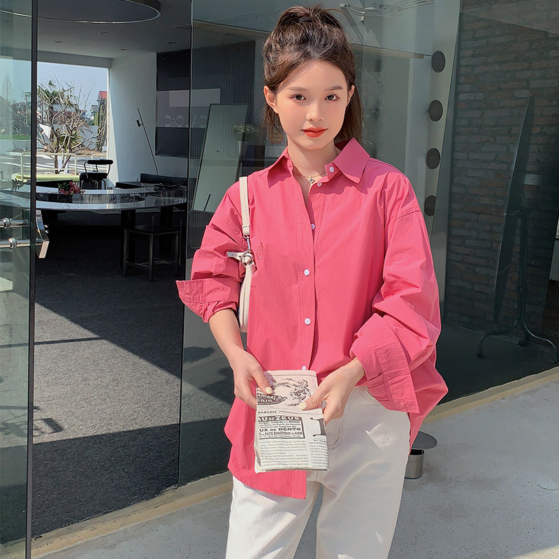 韩系女装2025新款红色长袖衬衫外套春秋时尚洋气休闲百搭宽松上衣,女装衬衫,浙宝267