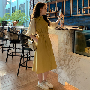 黄色法式衬衫连衣裙女2023春季新款温柔风收腰设计感小众初恋裙子