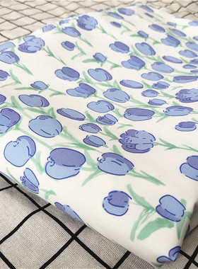 卡通布料细帆布印花手工diy面料沙发套布料包包宿舍桌布蓝色花朵