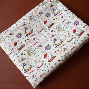 卡通布料细帆布印花手工diy面料沙发套布料包包宿舍桌布歌唱猫白