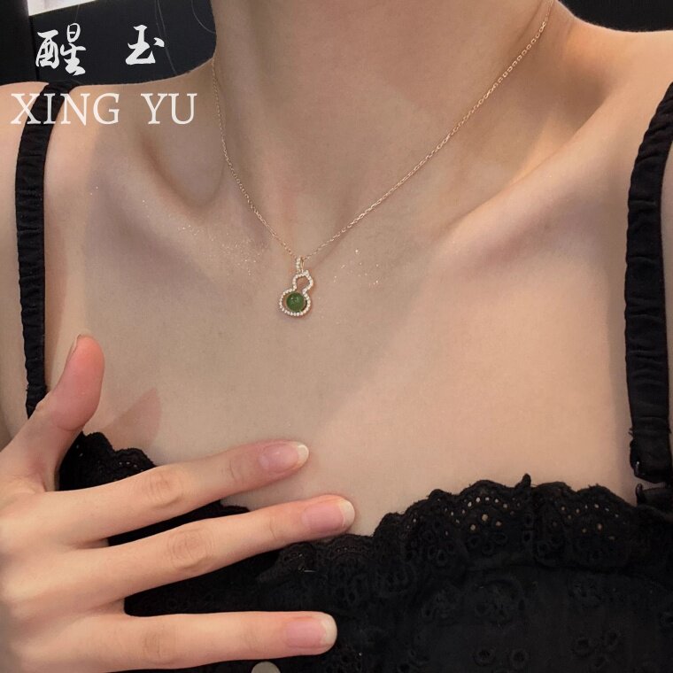 S925纯银镶钻和田玉吊坠葫芦项链女款高级感520情人节礼物送女友