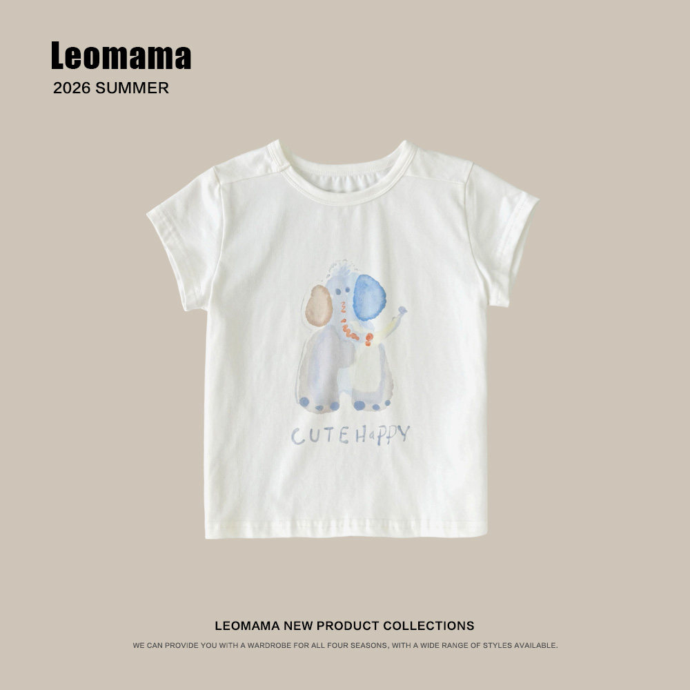 leomama 女童小象印花t恤夏装新款大童短袖儿童上衣女孩半袖体恤